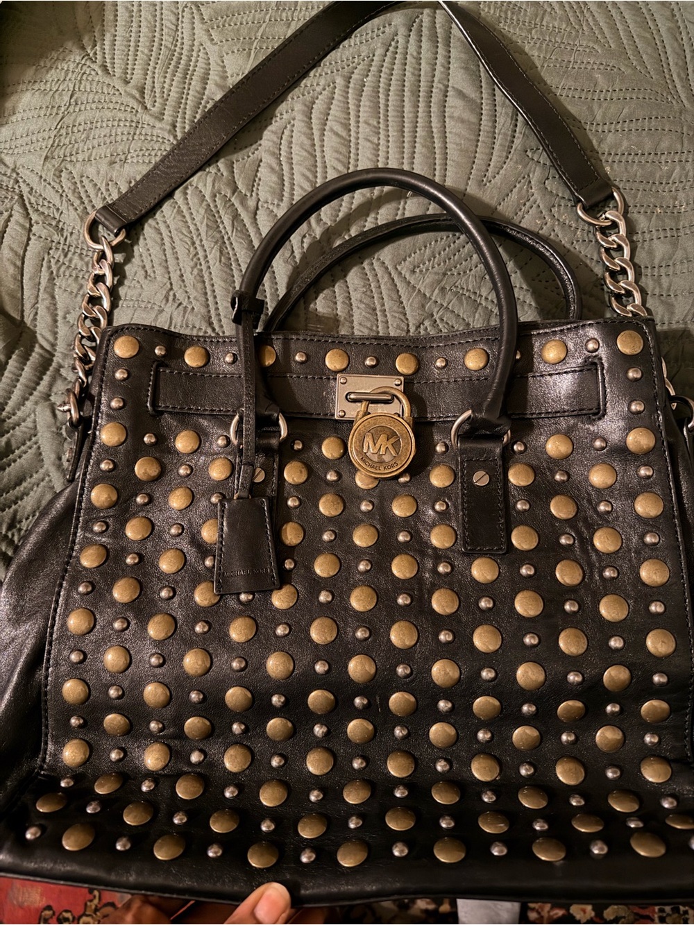 Michael Kors Black Leather Studded Satchel with Gold Stud Accents